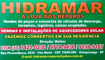 Hidramar Reparos e Aquecedores Solar Registros Torneiras Materiais Hidráulicos Votuporanga - Área 17 - Seu guia de empresas em São José do Rio Preto e região.